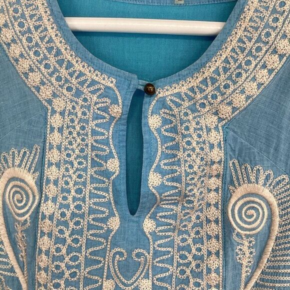 Ladies Theme Embroidered cotton/linen blend Dress blue/white medium - Picture 3 of 7
